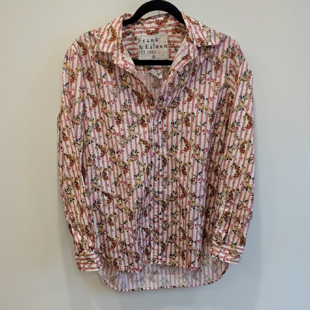Frank&Eileen Floral Red‎ Striped Button Up Shirt Medium Cottage Preppy Whimsy - Picture 2 of 8